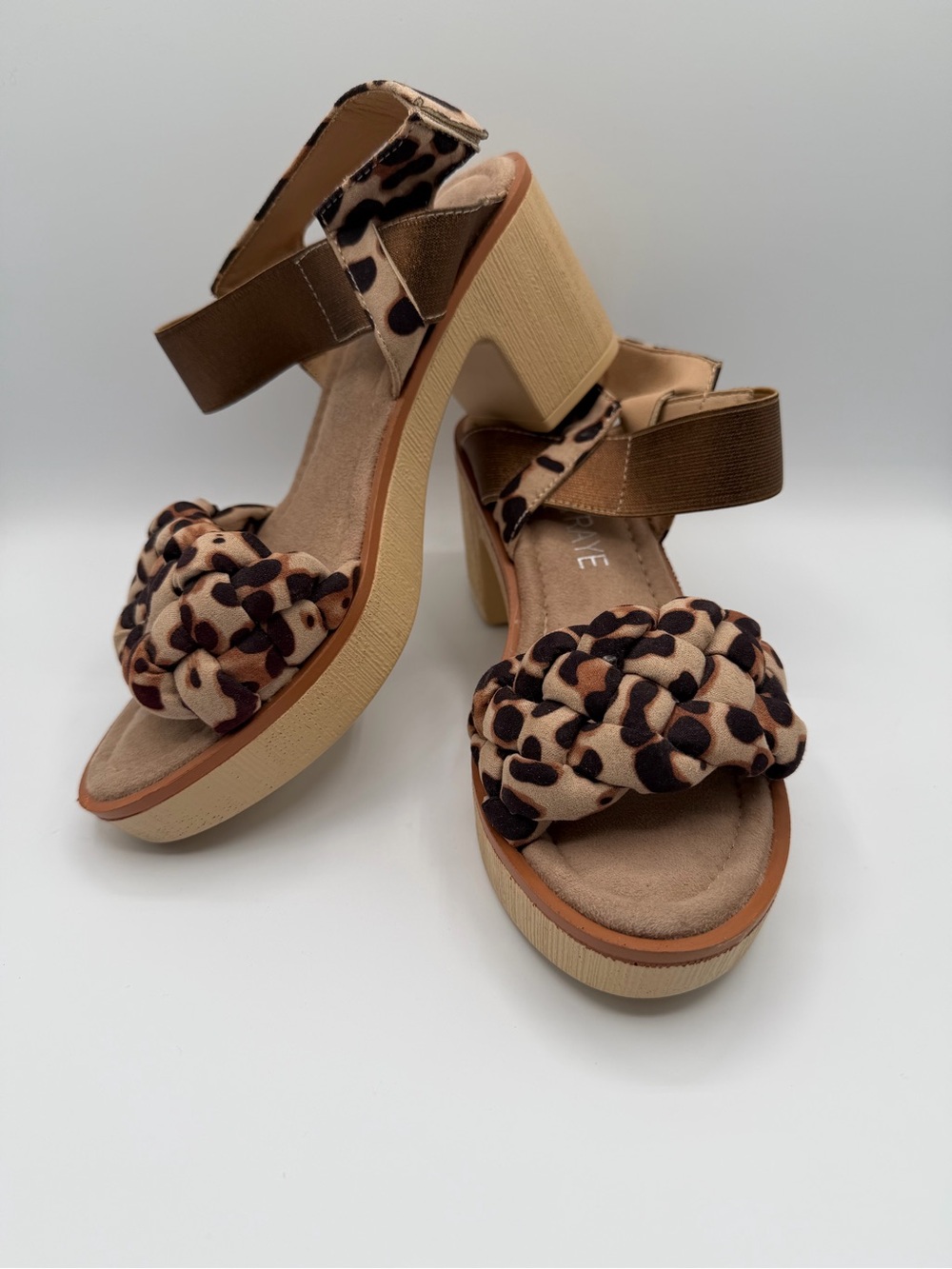 Braided Leopard-Print Block Heel Sandals in Tan